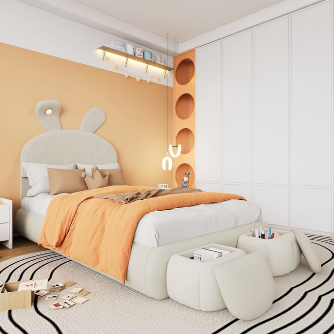 REDOM Bedframe 90x200 cm – Velours beige – Met konijnenoren, instelbaar LED-licht & 2 opberghockers