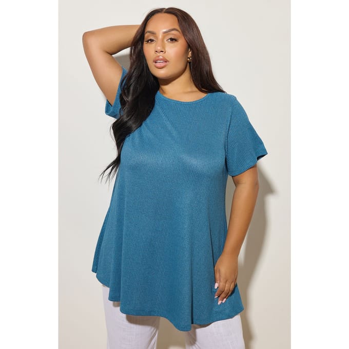 Yours Middenblauw Geribd Zacht Tshirt Size 54-56