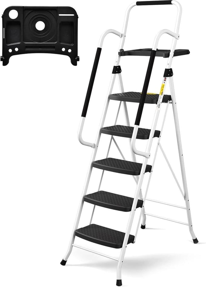 5 traps ladder handgreep draagbaar antislip pedaal inklapbaar wit Trapladder