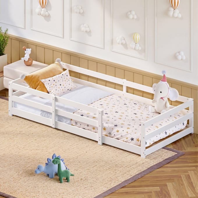 Sweiko Kinderbed - 90 x 200 cm - Massief hout - Veiligheidsomheining - Wit