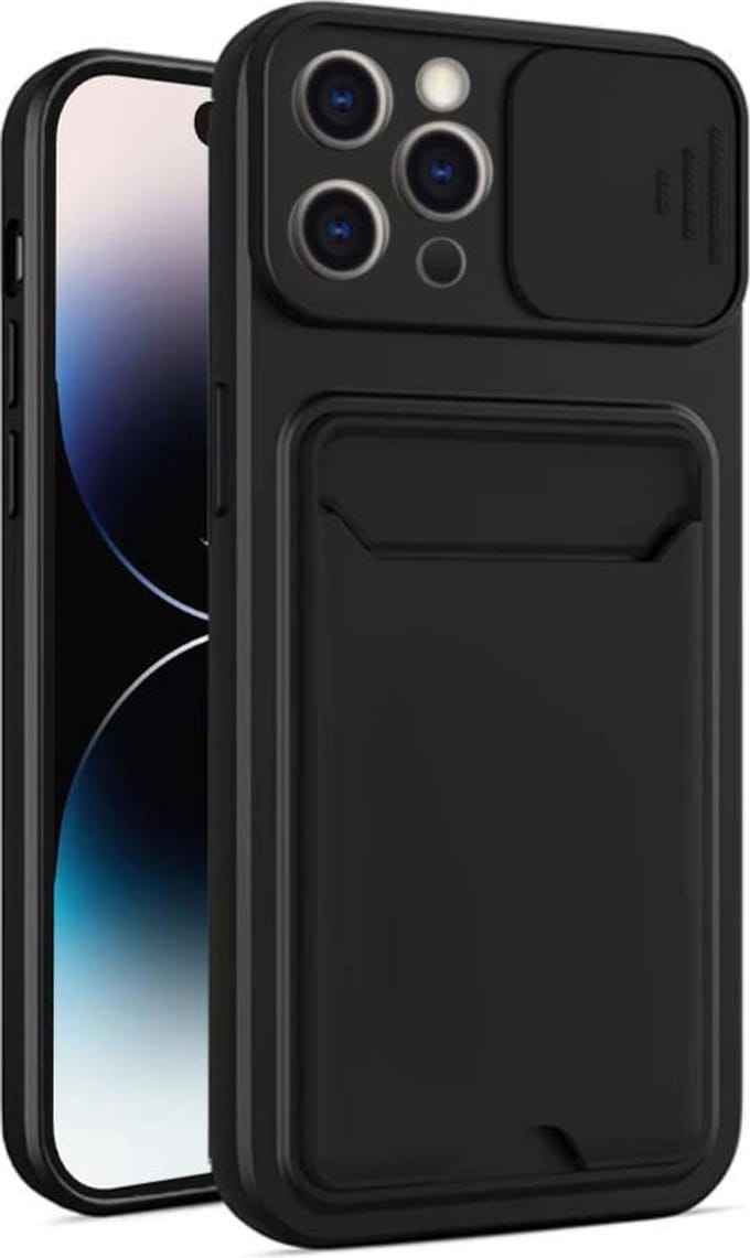 Smartphonica iPhone 14 Pro Max TPU Cover Case Hoesje met Camera Slide en Pashouder - Zwart geschikt voor iPhone 14 Pro Max