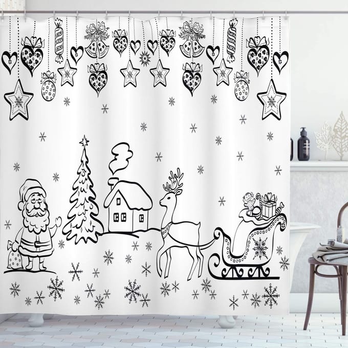 ABAKUHAUS Kerst Douchegordijn – 175x180 cm, Polyester, Zwart/Wit