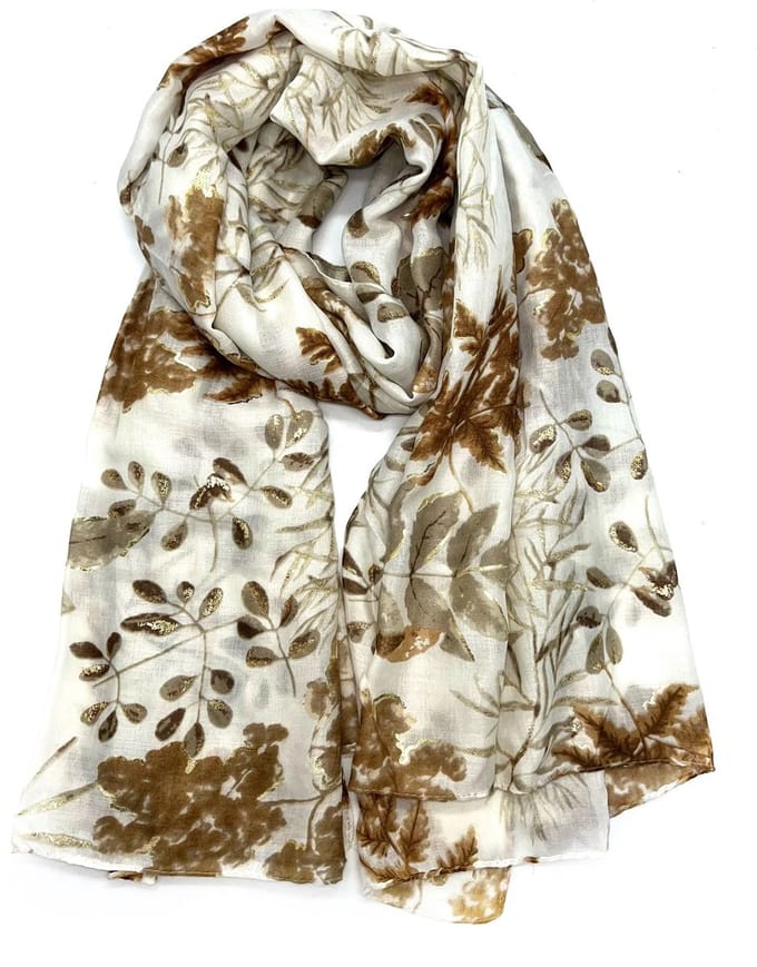 Lange dames sjaal Corine-bladerenmotief-beige wit goud bruin taupe