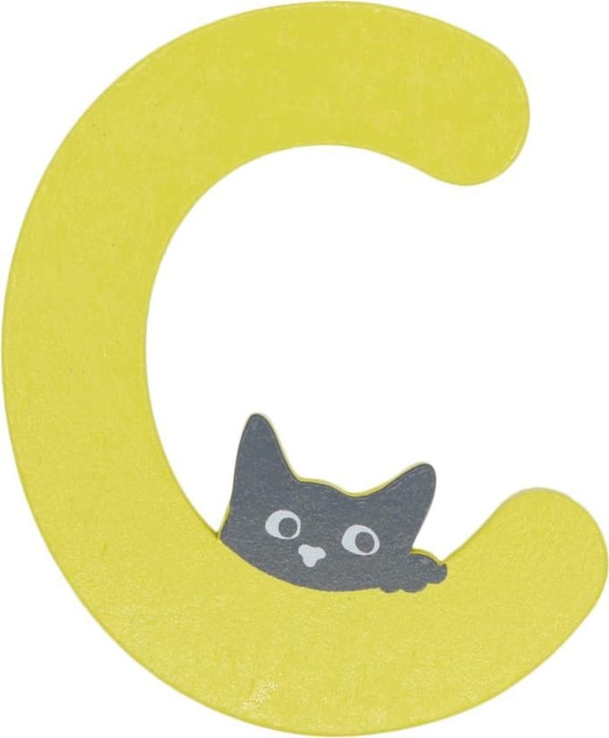 Houten Letter C Geel met Kat | 9 cm