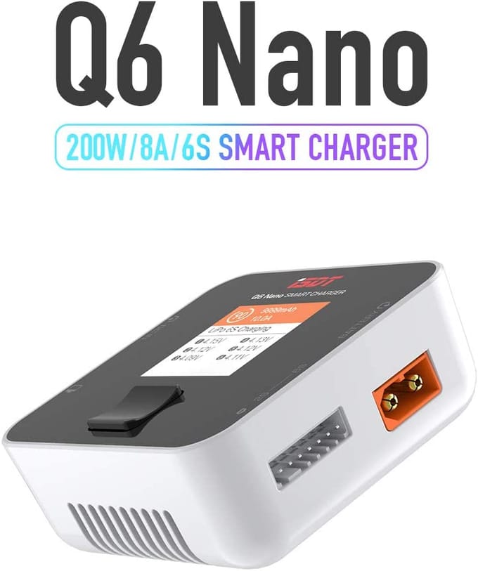 ISDT Q6 Nano Slimme Batterijlader/Ontlader | 200W 8A voor 2-6S LiPo, Li-HV, Li-Ion, NiMH | LCD Scherm, Efficiënte Koeling wit