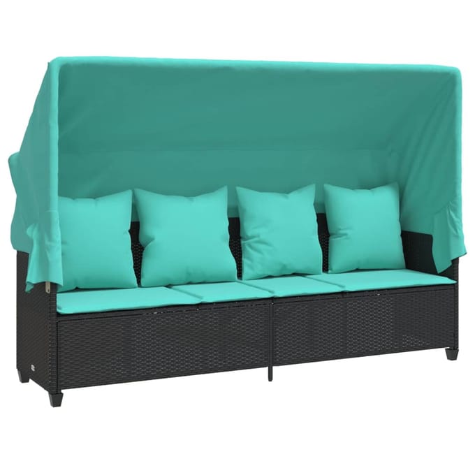 vidaXL - Ligbed - met - luifel - en - kussens - poly - rattan - zwart
