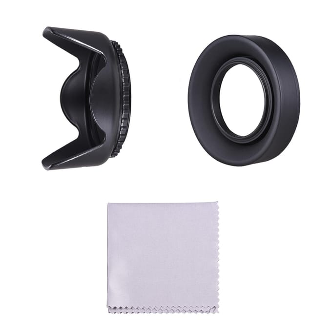 Ensemble de pare-soleil d'objectif 67 mm avec pare-soleil en forme de tulipe + pare-soleil d'objectif pliable en caoutchouc + chiffon de nettoyage d'objectif 58mm white
