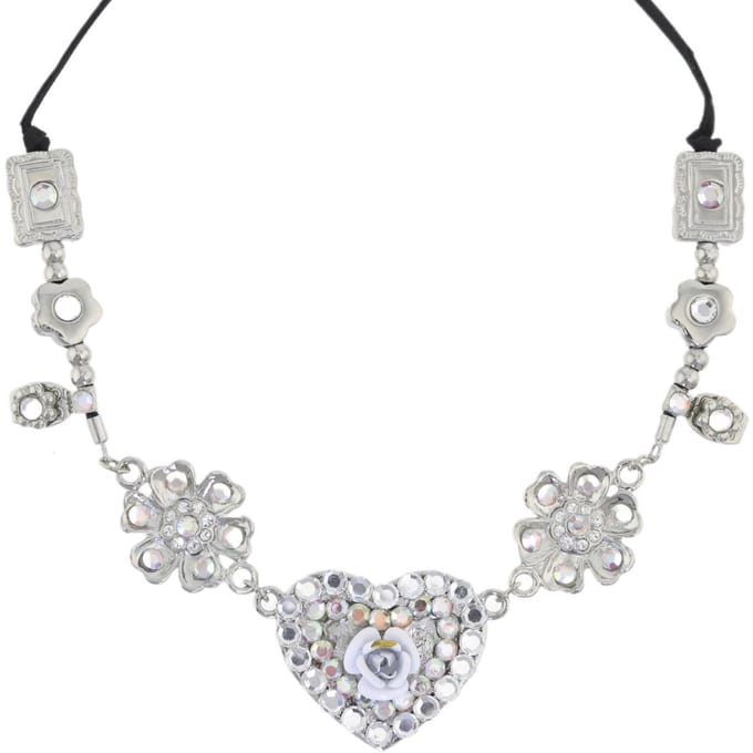 Behave® Ketting zilverkleur met stenen hanger hart en roos 41 cm