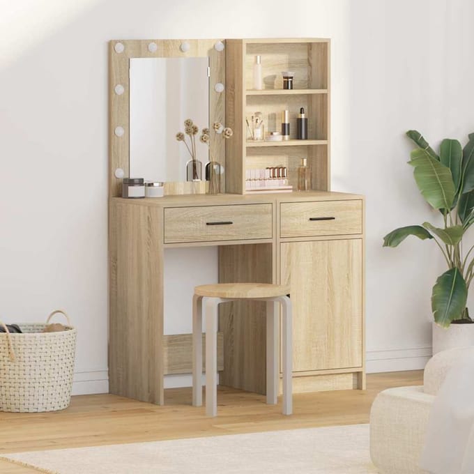 vidaXL - Dressing - tafel - set - met - LED - 2 - st - Sonoma - Eik - Bewerkt - hout