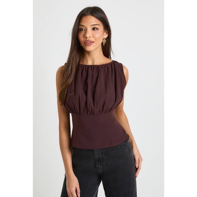 boohoo Dames Chiffon top met ruches | Chocolate | Maat: 6