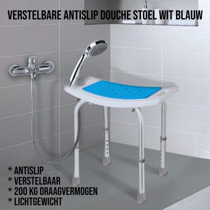 Allernieuwste.nl® Verstelbare Douche Stoel Wit & Blauw – Hoogte 39–52 cm – Compact 52×31 cm – Antislip