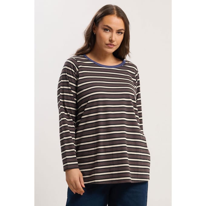Yours Bruine Gestreepte Lange Mouw Ringer Top Size 50-52