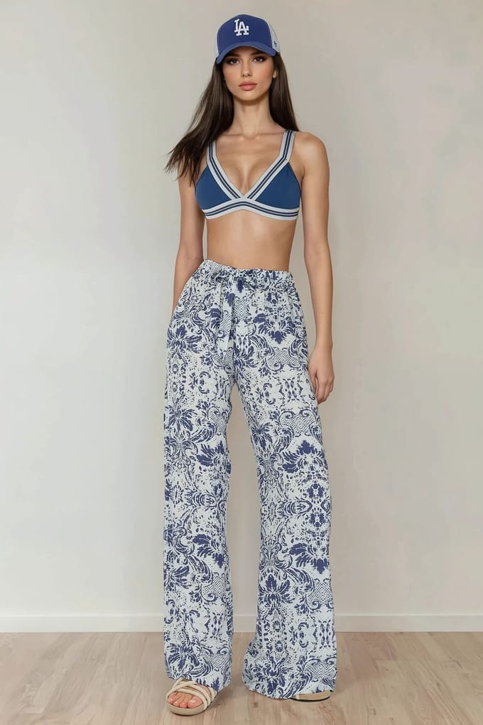 Geprinte Wijde Pantalon met Touwtjes
