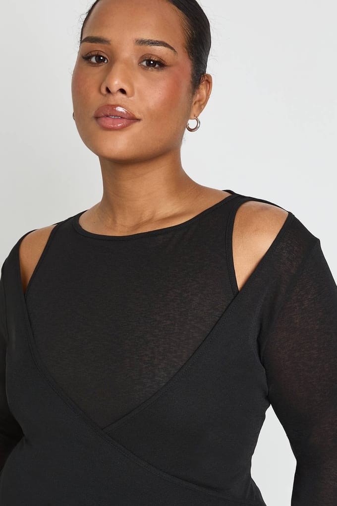 boohoo Dames Plus 2 in 1 gelaagde racer nek-wrap top | Black | Maat: 16