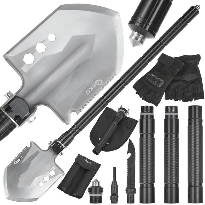 GEKO Opvouwbare survival schep - multifunctioneel - zwart - verstelbare lengte - inclusief accessoires