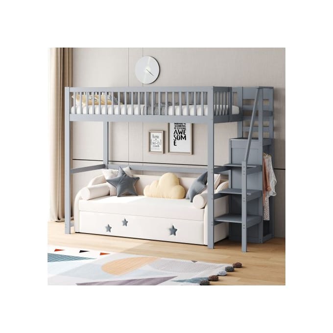 Lit mezzanine - MUVOE - 90x200 - Bois massif - Échelle de sécurité - Gris gris