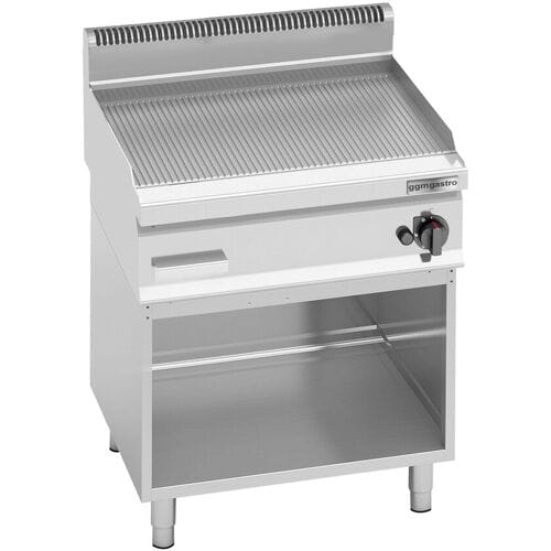 GGM Gastro Gasbakplaat - 8kW - Geribbeld - Bakoppervlak: 596x430mm - met open onderbouw zilver