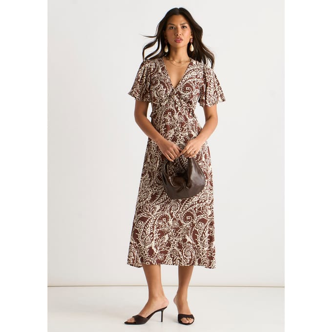 Chocoladebruine midi-jurk met paisleyprint en ruches