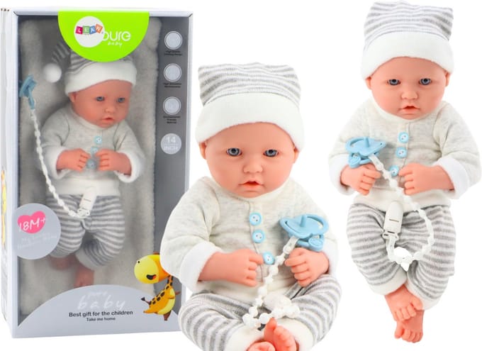 Levensechte babypop - wit/grijs gestreept - 35x16x10 cm - incl accessoires