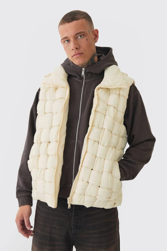 Lang Boxy Fit Handgeweven Gevoerde Gilet in Stone | Size Medium