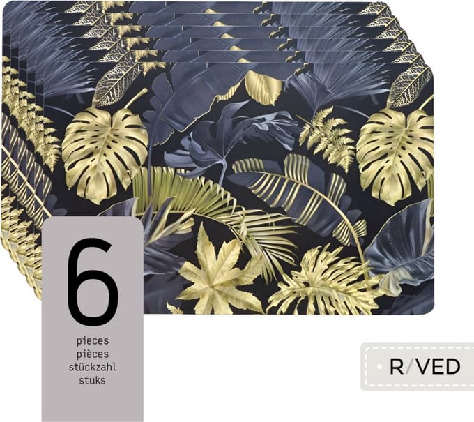 Raved Placemats - Set van 6 Stuks - Britt - Bloemen - Goud - Zwart - Eettafel - Onderlegger - Waterafstotend