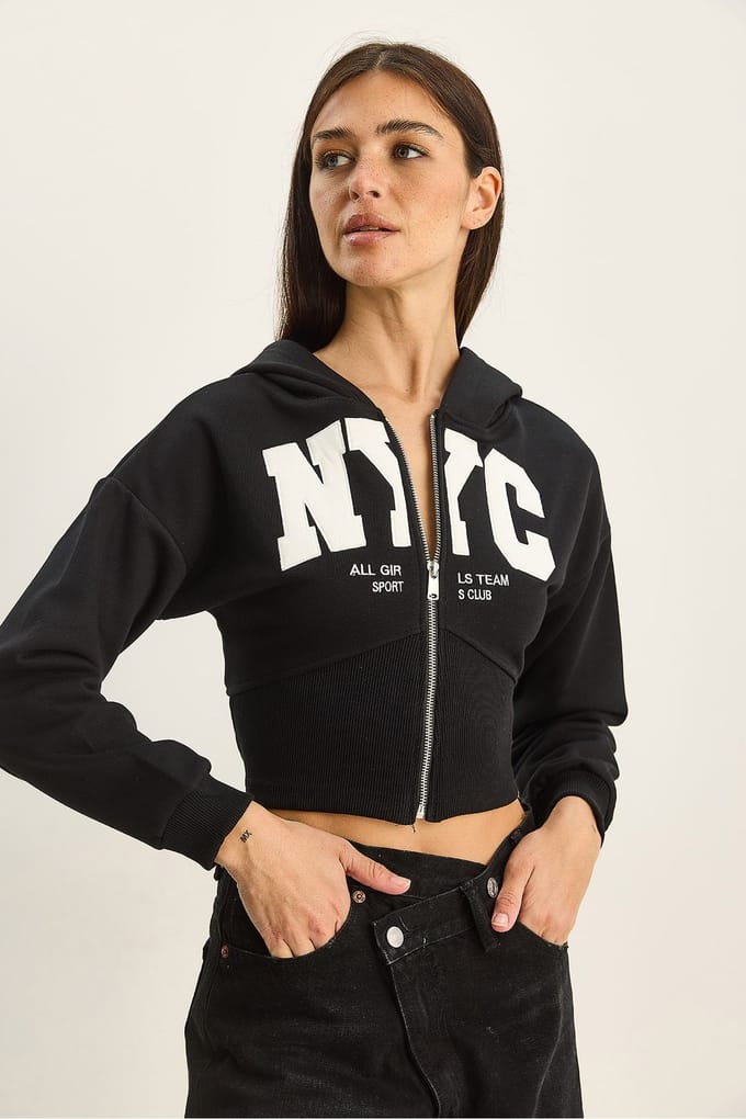 Gebreide Crop Cardigan met Capuchon en Print