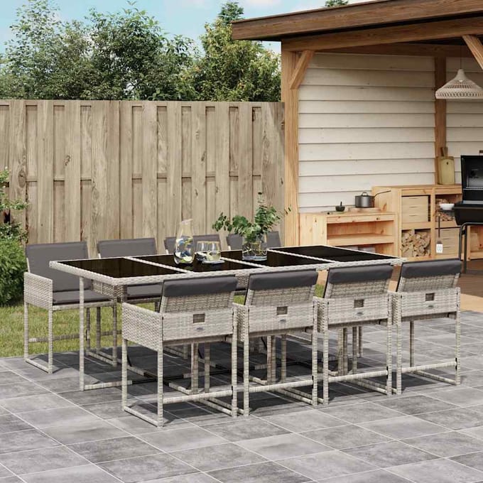vidaXL - 9-delige - Tuinset - met - kussens - poly - rattan - lichtgrijs