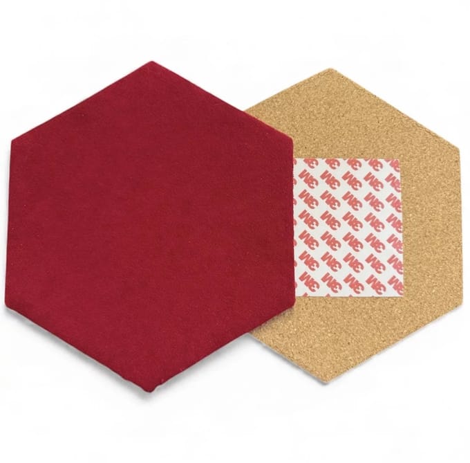 Prikbord | Kurk | Zeshoekig | 20 x 20 | kersen rood | velours stof |