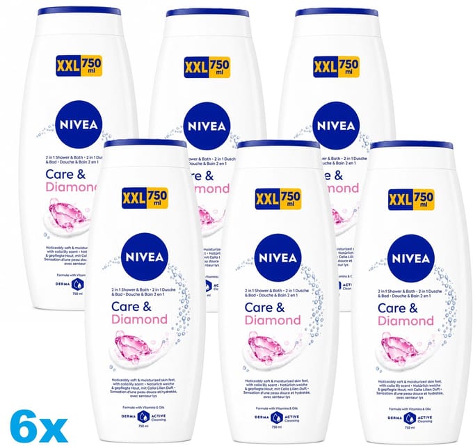 NIVEA Care & Diamond Douchegel – 6 x 750 ml – 2-in-1 Shower & Bath – Hydraterend & Verzorgend