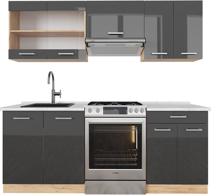 Vicco R-Line Complete keukeneenheid – 200 cm, WB Marmer Antraciet hoogglans/goud eiken