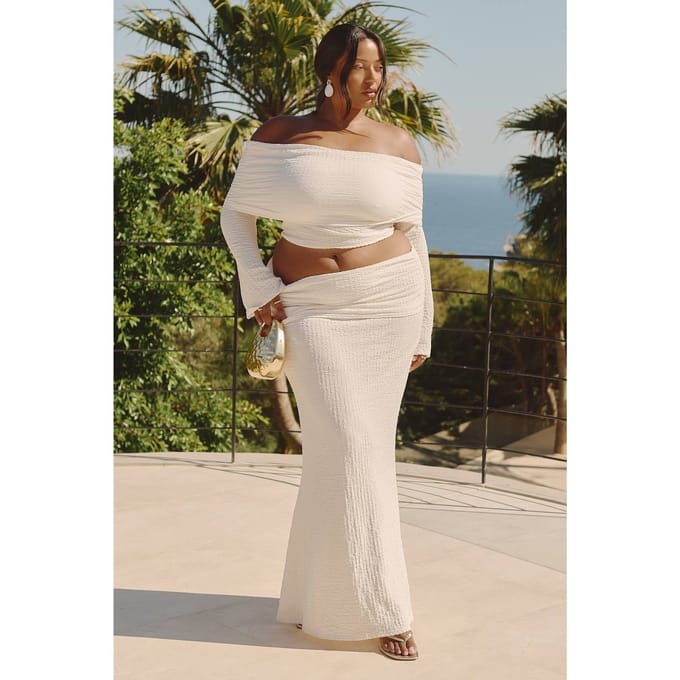 boohoo Dames Plus Bardot Gekreukelde Top met Lange Mouwen | Wit | Maat: 46