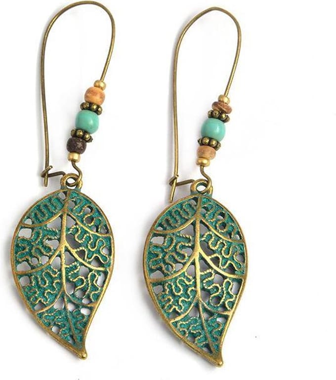 Oorbellen oorhangers met groen en goud blad blaadje