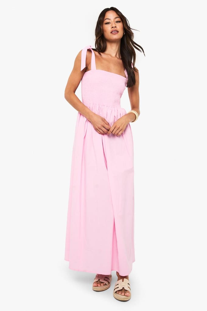 boohoo Dames Lange maxi‐jurk van gerimpelde popeline met strikband | Roze | Maat: 46