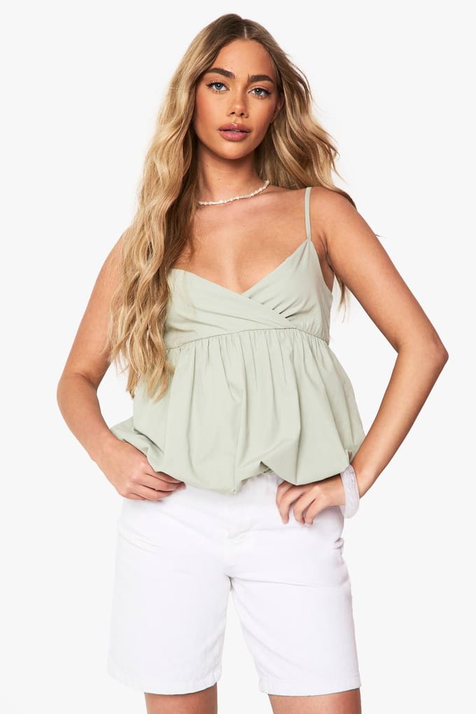 boohoo Dames Puffball Poplin Cami | Sage | Maat: 12
