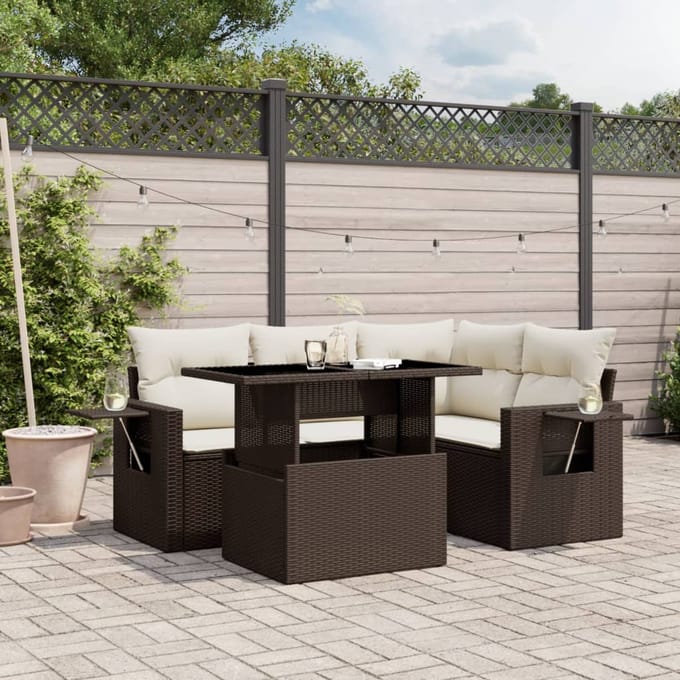 vidaXL - 5-delige - Loungeset - met - kussens - poly - rattan - bruin