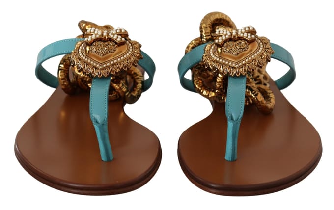 Sandaal met kettingversiering van leer - Platte sandaal - Blauw