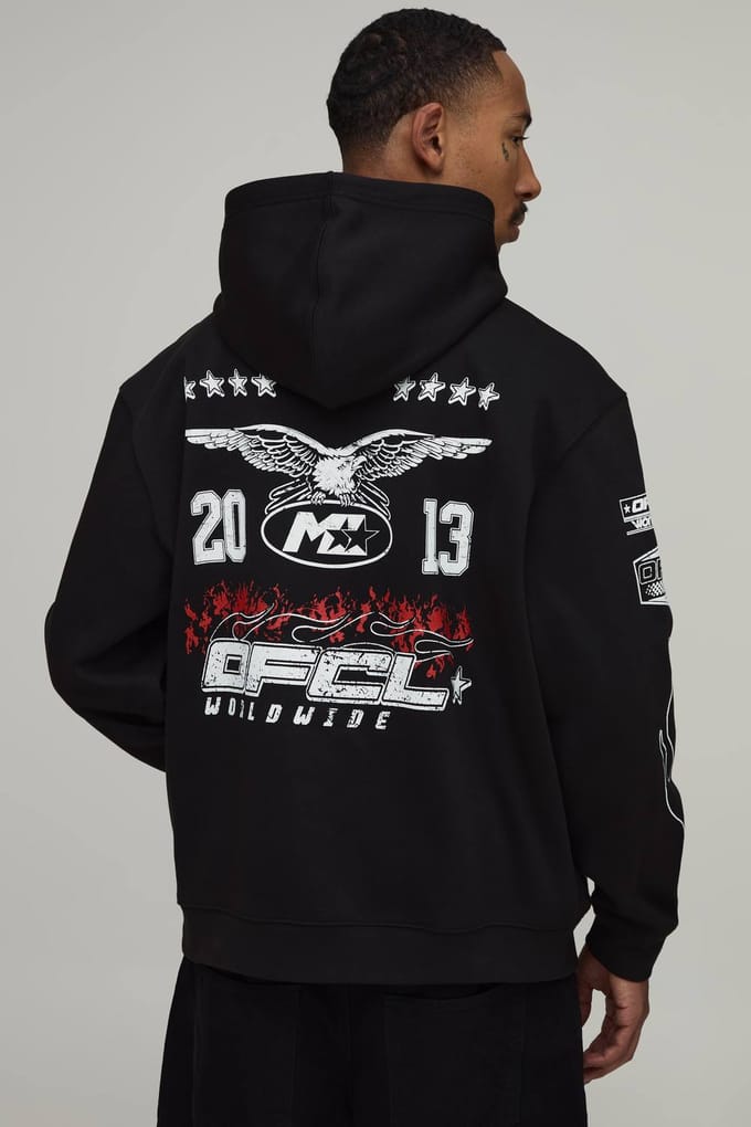 Zwarte Oversized Moto Multi Grafische Hoodie | Black | Size 2XL