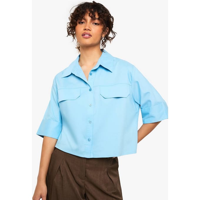 boohoo Dames Cotton Crop Shirt | Blue | Maat: 6