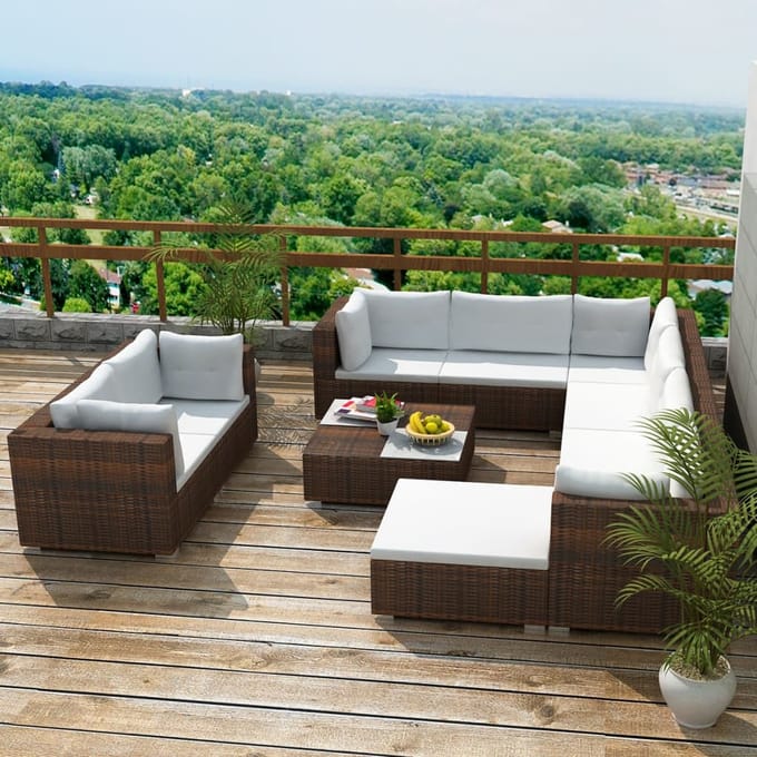 vidaXL - 10-delige - Loungeset - met - kussens - poly - rattan - bruin