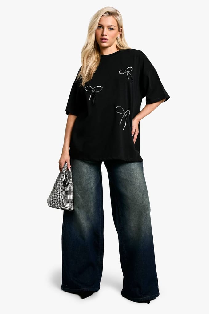 boohoo Dames Hotfix Bow Oversized T-shirt | Black | Maat: 6