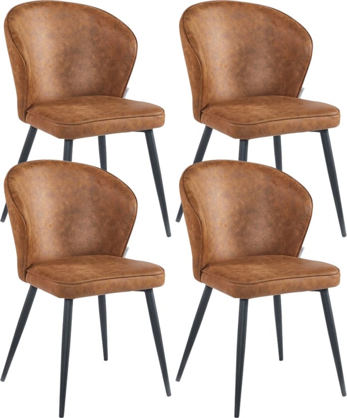 Colenis® - Curve Eetkamerstoel - Set Van 4 - Cognac - Microfiber - Zwarte Poten