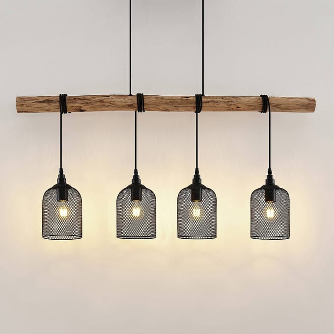 Lindby - hanglamp - 4lichts - Metaal, hout - H: 24.5 cm - E27 - matzwart, licht hout