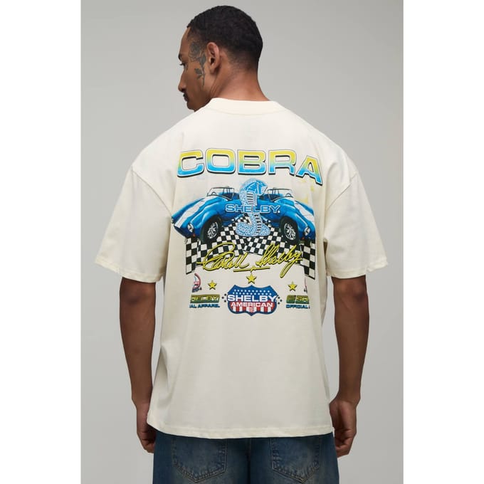 Ecru Oversized T-shirt Met Shelby Cobra Auto Kentekenplaat Print | Size XL
