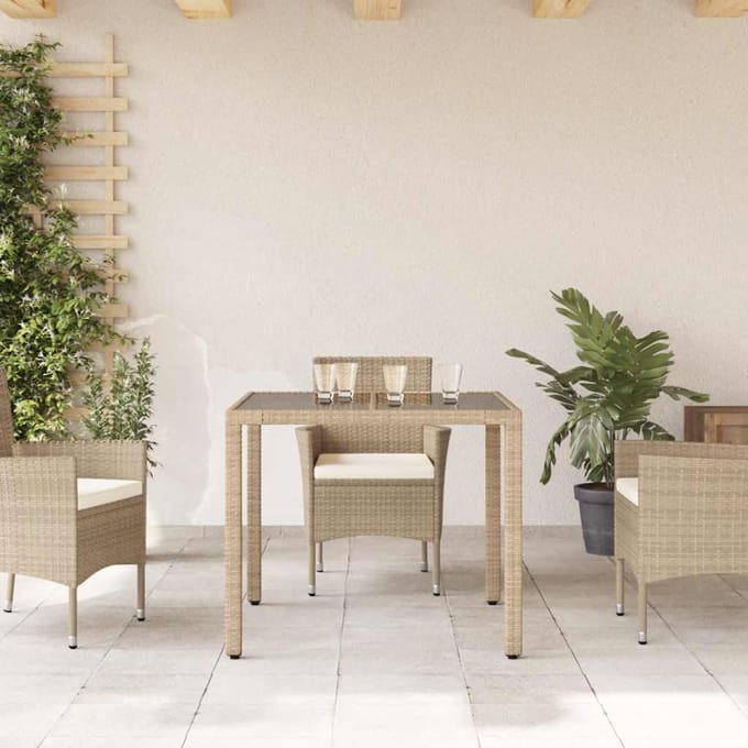 vidaXL - Tuintafel - met - glazen - blad - 90x90x75 - cm - poly - rattan - beige