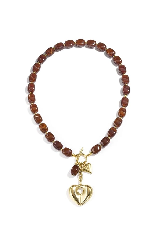 Squoval kralenketting hangend hart - bruin - dames - valentijn - sieraden - ketting
