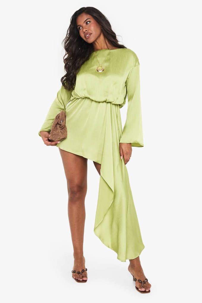boohoo Dames Bootkraag Blouson Gedrapeerde Mini Jurk | Limoen | Maat: 36