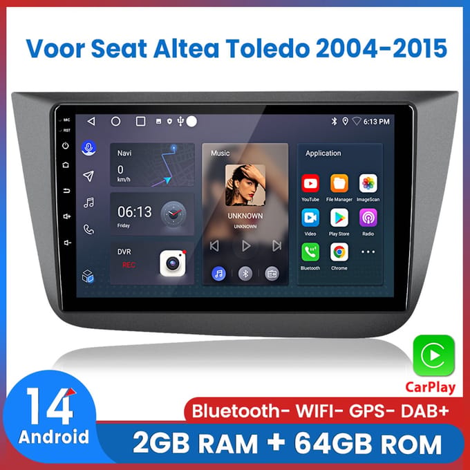 Awesafe Autoradio Geschikt Voor Seat Altea Toledo 2004 t/m 2015 - Android 14 - Draadloos Apple Carplay & Android Auto - 2GB + 64GB - 4 Core processor - Bluetooth & Wifi GPS Navigatie - 2004 2005 2006 2007 2008 2009 2010 2011 2012 2013 2014 2015
