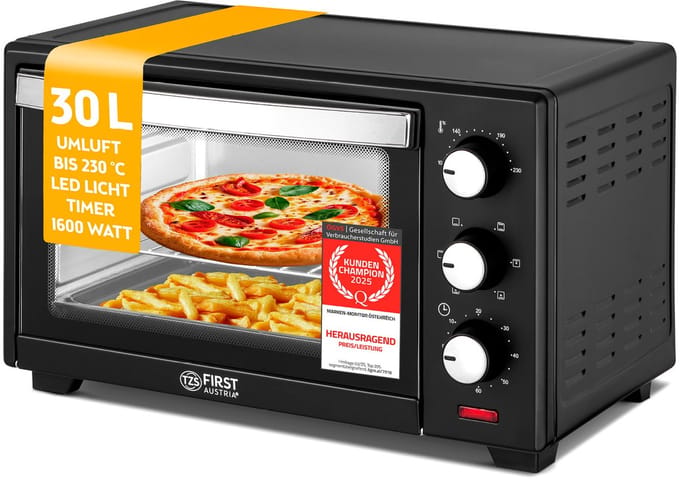 TZS First Austria Mini oven 30L - 1600W - Vrijstaande Heteluchtoven - max 230°C - Timer - Zwart