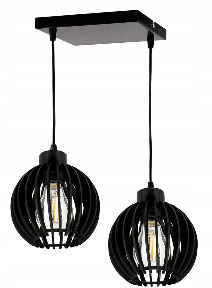 Zwarte hanglamp met houten kap, E27, 2 lichtpunten, loftstijl