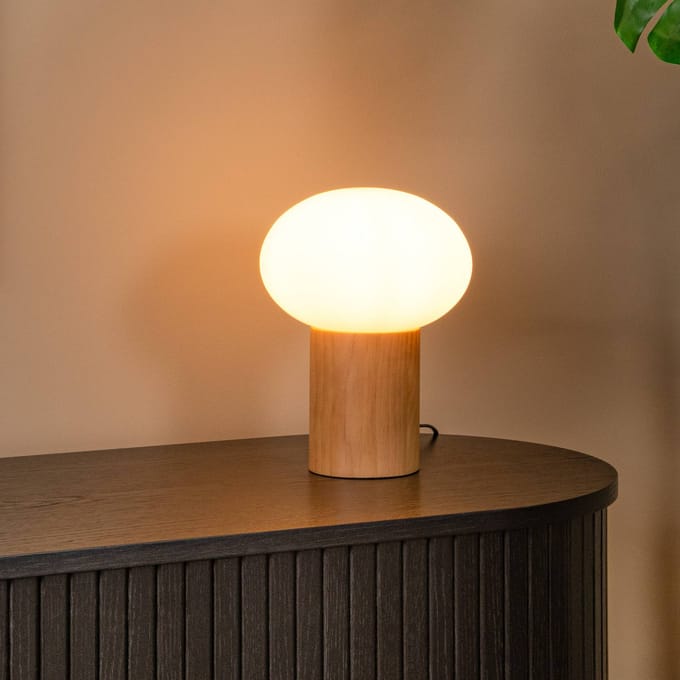Lucide Tafellamp Birtle, hoogte 23 cm, wit/licht hout, hout/glas